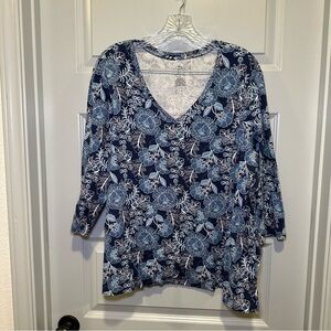 St. John’s Bay Blue Floral Print V Neck 3/4 Sleeve Top size 3X